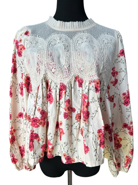 En Elly Tops - En Elly Floral Lace Yoke Blouse Boho Peasant Top Cream Pink Size Small